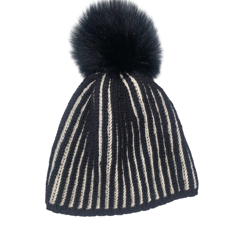 Womens Black‎ Cream Striped Ribbed Knit Beanie Hat with Faux Fur Pom Pom